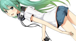 Rule 34 | 1girl, bad id, blackberry ltd, casual, cellphone, couzone, dutch angle, green hair, hatsune miku, headphones, highres, long hair, long legs, phone, sandals, shorts, simple background, solo, twintails, vocaloid, white background