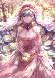 Rule 34 | 00s, 1girl, bare pectorals, bare shoulders, blonde hair, blue hair, breasts, bridal veil, brooch, curly hair, dress, earrings, elbow gloves, flower, forest, gem, gloves, good end, green eyes, highres, jewelry, long hair, looking at viewer, medium breasts, multicolored hair, nature, nia teppelin, aged up, ornate ring, pectorals, ring, signo aaa, solo, tengen toppa gurren lagann, two-tone hair, veil, very long hair, wedding dress, wedding ring