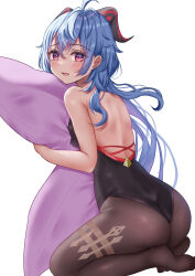 Rule 34 | 1girl, absurdres, ahoge, akuakuran, ass, back, backless outfit, bare arms, bare shoulders, black leotard, black pantyhose, blue hair, blush, bodystocking, bodysuit, breasts, feet, from behind, ganyu (genshin impact), genshin impact, highres, horns, leotard, leotard under clothes, long hair, looking at viewer, looking back, low ponytail, medium breasts, no gloves, no shoes, hugging object, open mouth, pantyhose, pillow, pillow hug, purple eyes, seiza, shiny clothes, sidelocks, sitting, sleeveless, solo, thighlet, thighs, white background