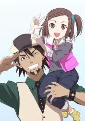 Rule 34 | 10s, 1boy, 1girl, age difference, bad id, bad pixiv id, braid, braided bangs, brown eyes, brown hair, cabbie hat, ekra, facial hair, father and daughter, hair ornament, hairclip, hat, kaburagi kaede, kaburagi t. kotetsu, necktie, one eye closed, one side up, salute, short hair, stubble, tiger &amp; bunny, v, vest, waistcoat, watch, wink, wristwatch