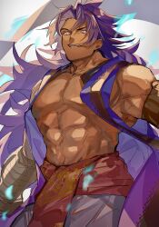 Rule 34 | 1boy, abs, absurdres, bare pectorals, bhima (fate), dark-skinned male, dark skin, fate/grand order, fate (series), feet out of frame, highres, indian clothes, large pectorals, long hair, looking at viewer, male focus, muscular, muscular male, nasubi illust, navel, no nipples, pectorals, pelvic curtain, purple eyes, purple vest, smile, solo, vest