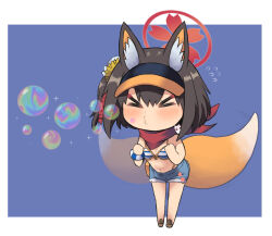 Rule 34 | &gt; &lt;, 1girl, afterimage, animal ear fluff, animal ears, bandana, bare shoulders, bikini, bikini under clothes, black hair, blowing bubbles, blue archive, blue background, blue shorts, blush, breasts, brown footwear, chibi, clenched hands, closed eyes, closed mouth, commentary request, denim, facing viewer, flower, flying sweatdrops, fox ears, fox girl, fox tail, hair between eyes, hair flower, hair ornament, halo, hat, izuna (blue archive), izuna (swimsuit) (blue archive), leaning forward, m.m, navel, one side up, orange hat, puckered lips, short shorts, shorts, small breasts, solo, striped bikini, striped clothes, swimsuit, tail, two-tone background, visor cap, white background, yellow flower