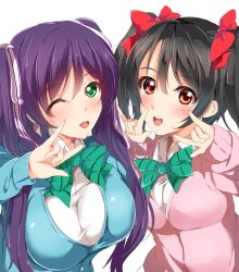 Rule 34 | 10s, 2girls, :d, ;d, \m/, alternate costume, alternate hairstyle, bad id, bad pixiv id, black hair, bow, breasts, cardigan, double \m/, green eyes, hair bow, hair ribbon, large breasts, long hair, looking at viewer, love live!, love live! school idol project, matching outfits, minamon (vittel221), multiple girls, one eye closed, open mouth, purple hair, red eyes, ribbon, school uniform, simple background, smile, tojo nozomi, twintails, white background, wink, yazawa nico