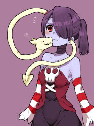Rule 34 | 1girl, bad id, bad pixiv id, bare shoulders, blue skin, blush, colored skin, detached collar, detached sleeves, hair over one eye, heart, highres, kiss, leviathan (skullgirls), purple background, purple eyes, purple hair, red eyes, side ponytail, simple background, skull, skullgirls, smile, sorimachi-doufu, squigly (skullgirls), stitched mouth, stitches, striped, striped sleeves, zombie