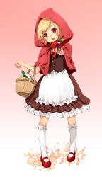 Rule 34 | 1girl, apple, apron, basket, blonde hair, blue door, blush, dress, female focus, food, fruit, full body, gradient background, highres, hood, little red riding hood, little red riding hood (grimm), mary janes, nail polish, open mouth, original, red eyes, shoes, short hair, smile, solo, white background