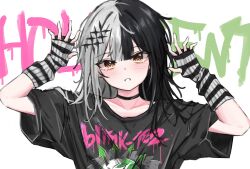 Rule 34 | 1girl, absurdres, akarinnndesu, alternate costume, band shirt, black choker, black hair, black shirt, blink-182, blush, choker, commentary, english commentary, grey hair, hair ornament, hands up, highres, hololive, hololive english, long hair, looking at viewer, merchandise, multicolored hair, open hands, parted lips, shiori novella, shirt, short sleeves, solo, split-color hair, striped arm warmers, t-shirt, teeth, text background, two-tone hair, upper body, virtual youtuber, white background, yellow eyes