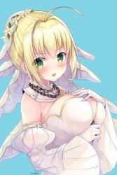 Rule 34 | 10s, 1girl, ahoge, bare shoulders, blonde hair, blue background, blush, breast lift, breasts, bridal veil, chain, circle name, cleavage, detached collar, detached sleeves, fate/extra, fate/extra ccc, fate (series), furrowed brow, gloves, green eyes, hair intakes, hanahanamaki, hand on own chest, head wreath, large breasts, leotard, lock, long sleeves, looking at viewer, nero claudius (bride) (fate), nero claudius (bride) (second ascension) (fate), nero claudius (fate), nero claudius (fate) (all), padlock, short hair, sidelocks, simple background, solo, strapless, strapless leotard, sweat, tareme, upper body, veil, white gloves, white leotard, wide sleeves, zipper