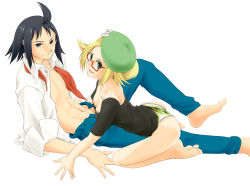 Rule 34 | 1boy, 1girl, ahoge, akosan, all fours, arm support, ass, barefoot, beret, bianca (pokemon), black eyes, black hair, black shirt, blonde hair, blue pants, bow, bra, breasts, cheren (pokemon), collarbone, creatures (company), downblouse, feet, frilled panties, frills, full body, game freak, glasses, green eyes, green headwear, green panties, hat, hat bow, leaning back, looking at viewer, matching hair/eyes, medium breasts, navel, nintendo, no panties, open clothes, open fly, open mouth, open shirt, panties, pants, pokemon, pokemon bw2, red-framed eyewear, red neckwear, shirt, short hair, short sleeves, simple background, sitting, smile, straddling, textless version, toes, underwear, white background, white bow, white bra, white shirt