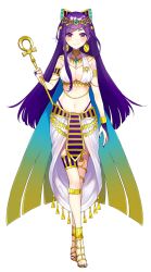 Rule 34 | 1girl, alternate costume, ankh, armlet, breasts, bridal gauntlets, cape, cleavage, closed mouth, crown, earrings, egyptian clothes, full body, hair ornament, highres, jewelry, kamishiro kurea, long hair, looking at viewer, medium breasts, official art, otogi resurrection, purple eyes, purple hair, saine, simple background, smile, solo, standing, straight-on, very long hair, virtual youtuber, white background