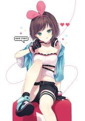 Rule 34 | 1girl, arm up, black gloves, black shorts, blue jacket, breasts, brown hair, cleavage, closed mouth, collarbone, commentary request, english text, fingerless gloves, fingernails, gloves, green eyes, hair ribbon, hairband, hand on headphones, headphones, headphones around neck, heart, highres, jacket, kizuna ai, kizuna ai (a.i. games), kizuna ai inc., knee up, midriff, multicolored hair, navel, official alternate costume, open clothes, open jacket, partially visible vulva, pink hair, red hairband, red ribbon, ribbon, shirt, short shorts, short sleeves, shorts, silltare, sitting, small breasts, smile, solo, sparkle, streaked hair, tongue, tongue out, upshorts, virtual youtuber, white background, white shirt, wide sleeves, youtube, youtube logo