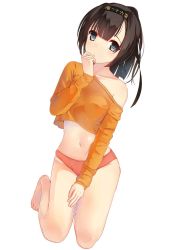 Rule 34 | 10s, 1girl, akizuki (kancolle), alternate costume, alternate hairstyle, bare shoulders, barefoot, black hair, blush, breasts, casual, closed mouth, clothes writing, collarbone, crop top, crop top overhang, frown, full body, gin00, hairband, hand to own mouth, head tilt, highres, kantai collection, kneeling, long hair, long sleeves, looking at viewer, midriff, navel, no pants, off shoulder, panties, red panties, shiny skin, simple background, small breasts, solo, stomach, underwear, white background