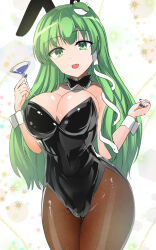 Rule 34 | 1girl, animal ears, black leotard, bow, bowtie, breasts, brown pantyhose, cocktail glass, commentary request, covered navel, cowboy shot, cup, detached collar, drinking glass, fake animal ears, frog hair ornament, gradient background, green background, green eyes, green hair, hair ornament, hair tubes, highres, kochiya sanae, large breasts, leotard, long hair, one-hour drawing challenge, open mouth, pantyhose, playboy bunny, rabbit ears, smile, snake hair ornament, solo, strapless, strapless leotard, touhou, traditional bowtie, wrist cuffs, y2