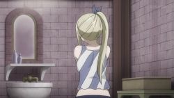 Rule 34 | 1girl, animated, animated gif, backboob, bathroom, blonde hair, breasts, fairy tail, from behind, hair ornament, indoors, large breasts, long hair, lucy heartfilia, no bra, sideboob, solo, standing, undressing