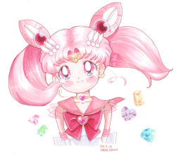 Rule 34 | 1girl, arms behind back, artist name, bishoujo senshi sailor moon, brooch, chibi usa, choker, circlet, cone hair bun, crescent, crescent earrings, dated, double bun, earrings, elbow gloves, female focus, gem, gloves, hair bun, hair ornament, heart, heart brooch, highres, jewelry, manami aoshika, marker (medium), pink eyes, pink hair, ribbon, sailor chibi moon, sailor collar, signature, smile, solo, super sailor chibi moon, traditional media, twintails, upper body, white background, white gloves