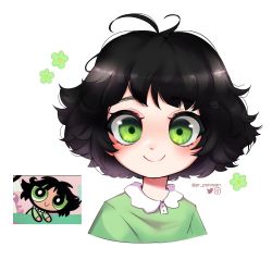 Rule 34 | 1girl, absurdres, artist name, black hair, blush, buttercup (ppg), buttercup redraw challenge (meme), cropped torso, derivative work, green eyes, green pajamas, highres, looking at viewer, meme, messy hair, pajamas, powerpuff girls, pr ponnyan, reference inset, screenshot inset, screenshot redraw, short hair, solo, white background
