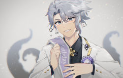 Rule 34 | 1boy, akino (1i1i1i1i), azul ashengrotto, bad id, bad pixiv id, birthday sash, black shirt, blue eyes, blurry, blurry background, collared shirt, commentary request, depth of field, english text, formal, glasses, grey-framed eyewear, grey background, grey hair, grin, hair between eyes, highres, jacket, long sleeves, looking at viewer, male focus, mole, mole under mouth, over-kneehighs, parted bangs, sash, shirt, smile, solo, suit, tentacles, thighhighs, twisted wonderland, upper body, white jacket