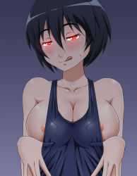 Rule 34 | 1girl, areola slip, black hair, blue background, blush, brave witches, breasts, cleavage, closed mouth, clothes pull, collarbone, female focus, gradient background, hiro yoshinaka, large breasts, looking at viewer, one-piece swimsuit pull, pulled by self, red eyes, school swimsuit, shimohara sadako, shiny skin, short hair, simple background, smile, solo, sweat, swimsuit, tongue, tongue out, world witches series