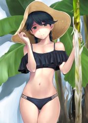 Rule 34 | 1girl, alternate costume, alternate hairstyle, bare arms, bare shoulders, bikini, black bikini, black hair, blush, braid, breasts, collarbone, commentary request, cowboy shot, frilled bikini, frills, hand on headwear, hat, highres, houshou (kancolle), kantai collection, long hair, looking at viewer, multi-strapped bikini, navel, off-shoulder bikini, off shoulder, outdoors, paid reward available, skindentation, smile, solo, standing, straw hat, string bikini, sun hat, swimsuit, thigh gap, tree, wa (genryusui)