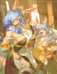 Rule 34 | 2girls, animal ears, apron, bare shoulders, black dress, blue hair, bowl, braid, breasts, brown pantyhose, carrot hair ornament, cleavage, cleavage cutout, clothing cutout, cutesexyrobutts, dress, female focus, food, food-themed hair ornament, fur scarf, gloves, grin, hair ornament, highres, hololive, large breasts, light blue hair, long hair, looking at viewer, mature female, medium breasts, mother and daughter, multiple girls, open mouth, pantyhose, patreon logo, patreon username, pekomama, rabbit cutout, rabbit ears, rabbit girl, red eyes, short eyebrows, smile, twin braids, usada pekora, usada pekora (1st costume), v, virtual youtuber, watermark, web address, white apron, white dress, white hair, yellow apron