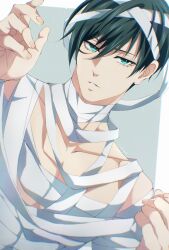 Rule 34 | 1boy, absurdres, aqua eyes, bandages, blue lock, collarbone, commentary request, fingernails, green hair, highres, itoshi rin, male focus, may (illust man 2020), parted lips, short hair, solo, upper body