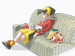 Rule 34 | 1boy, backwards hat, baseball cap, bright pupils, brown eyes, closed eyes, closed mouth, commentary, couch, creatures (company), crossed legs, cup, cyndaquil, ethan (pokemon), game freak, gen 2 pokemon, hat, highres, holding, holding cup, jacket, knees, long sleeves, male focus, mokuzou (moku ssbu), mug, nintendo, pokemon, pokemon (creature), pokemon gsc, porygon2, red jacket, shoes, short hair, shorts, shuckle, sitting, smile, steam, symbol-only commentary, twitter username, u u, white background, white pupils, yellow shorts