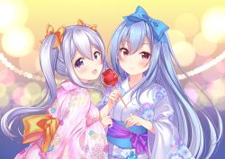 Rule 34 | 2girls, :d, absurdres, aoba chise, aoba project, aoba rena, blue bow, blue hair, blush, bow, candy apple, closed mouth, fingernails, floral print, food, hair between eyes, hair bow, hairband, highres, holding, huge filesize, japanese clothes, kimono, light purple hair, long hair, looking at viewer, multiple girls, obi, open mouth, orange bow, purple eyes, red eyes, sakura moyon, sash, siblings, sidelocks, sisters, smile, twintails, upper body, very long hair, water yoyo, yukata