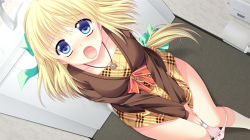 Rule 34 | 1girl, blonde hair, blue eyes, blush, bow, bow panties, game cg, jewelry, love-ressive, necklace, open mouth, otonashi ophilia reo, panties, panty pull, pink panties, solo, toilet, toilet use, underwear