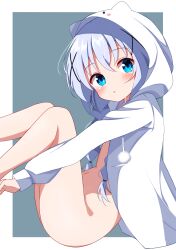 Rule 34 | absurdres, animal hood, bare legs, blue eyes, blush, bottomless, braid, child, expressionless, feet out of frame, fetal position, from side, gochuumon wa usagi desu ka?, hair between eyes, hair ornament, hairclip, highres, hood, hoodie, kabocya na, kafuu chino, knees up, long hair, long sleeves, looking at viewer, naked hoodie, navel, no shirt, open clothes, open hoodie, open mouth, outstretched arm, pom pom (clothes), silver hair, sitting, turning head, twin braids, white hoodie
