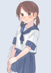 Rule 34 | 1girl, blue neckerchief, blue sailor collar, blue skirt, brown eyes, brown hair, cowboy shot, dated, grey background, kantai collection, low twintails, neckerchief, one-hour drawing challenge, pleated skirt, sailor collar, school uniform, serafuku, shirayuki (kancolle), shirt, short sleeves, simple background, skirt, solo, suppaman (rfjy), twintails, twitter username, white shirt