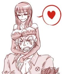 Rule 34 | 1boy, 1girl, arms around head, breast rest, breasts, breasts on head, cleavage, heart, long hair, nico robin, one piece, roronoa zoro, sketch, smile, spoken heart, tagme