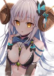 Rule 34 | 1girl, arm warmers, bare shoulders, between breasts, black choker, bow, bowtie, breasts, brown eyes, choker, cleavage, collarbone, curled horns, expressionless, highres, horns, large breasts, long hair, looking at viewer, midriff, original, parted lips, revealing clothes, shuutou haruka, silver hair, sleeveless, solo, upper body, white background, wing collar