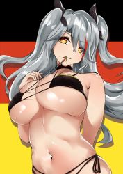 Rule 34 | 1girl, absurdres, alternate costume, anchor symbol, arm behind back, azur lane, bare shoulders, bikini, black background, black bikini, black choker, black ribbon, breasts, choker, cleavage, closed mouth, covered erect nipples, eyes visible through hair, flag print, floating hair, from below, german flag, german flag bikini, hair between eyes, hair ribbon, hand on own chest, hand up, head tilt, highres, large breasts, long hair, looking at viewer, mouth hold, multicolored hair, navel, noazzark, prinz eugen (azur lane), prinz eugen (unfading smile) (azur lane), red background, red hair, ribbon, shiny skin, side-tie bikini bottom, silver hair, skindentation, smile, solo, standing, streaked hair, string bikini, swimsuit, two side up, underboob, upper body, yellow background