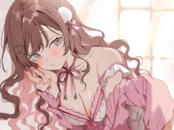 1girl :o blush breasts brown_hair cardigan cleavage collarbone commentary commission dress fingernails floral_print indie_virtual_youtuber long_hair looking_at_viewer medium_breasts neck_ribbon nonoyama pink_cardigan pink_ribbon pom_pom_(clothes) ribbon sakurane_non skeb_commission solo very_long_hair virtual_youtuber white_dress