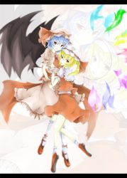 Rule 34 | 2girls, akisome hatsuka, ascot, bat wings, blonde hair, blue hair, female focus, flandre scarlet, hat, hat ribbon, hatsuka (exsilver), letterboxed, multiple girls, puffy sleeves, red eyes, remilia scarlet, ribbon, short hair, short sleeves, siblings, side ponytail, sisters, smile, touhou, wings, wrist cuffs