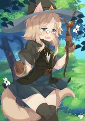Rule 34 | 1girl, animal ears, black thighhighs, blonde hair, blush, brown gloves, day, glasses, gloves, green hat, hat, highres, long hair, niniidawns, open mouth, original, outdoors, pince-nez, round eyewear, short sleeves, smile, solo, tail, thighhighs, witch hat, yellow-framed eyewear