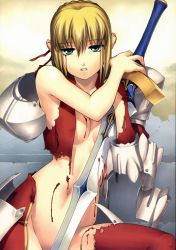 Rule 34 | 00s, 1girl, androgynous, artoria pendragon (all), artoria pendragon (fate), bare shoulders, blonde hair, blood, bloody tears, breasts, clarent (fate), cleavage, collarbone, fate/apocrypha, fate/stay night, fate (series), green eyes, highres, mordred (fate), mordred (fate/apocrypha), navel, saber (fate), solo, sword, tanaka shoutarou, torn clothes, weapon