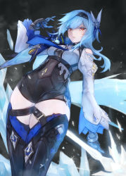 Rule 34 | 1girl, black legwear, blue hair, bodystocking, breasts, eula (genshin impact), genshin impact, gloves, hairband, highres, ice, leotard, long sleeves, looking at viewer, parted lips, petcha the o, solo, wide sleeves