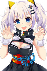 Rule 34 | 1girl, :d, bare shoulders, black dress, blue eyes, blush, breasts, claw pose, cleavage, cleavage cutout, clothing cutout, commentary request, dress, fingernails, hair ornament, hairclip, hands up, kaguya luna, large breasts, long hair, maccha, obi, open mouth, sash, sidelocks, silver hair, simple background, sleeveless, sleeveless dress, smile, solo, the moon studio, twintails, virtual youtuber, white background