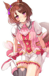 Rule 34 | 1girl, animal ears, ascot, back bow, black thighhighs, blush, boots, bow, breasts, brown hair, cherry blossoms, collared shirt, commentary request, fold-over boots, frilled sleeves, frills, full body, garter straps, hanamura pink, highres, horse ears, horse girl, horse tail, looking at viewer, medium breasts, parted bangs, parted lips, partial commentary, pink ascot, pink bow, pink eyes, puffy short sleeves, puffy sleeves, purple eyes, sakura laurel (umamusume), shadow, shirt, short hair, short sleeves, shorts, simple background, single thighhigh, sitting, smile, solo, tail, thighhighs, umamusume, wariza, white background, white footwear, white shirt, white shorts, wrist cuffs