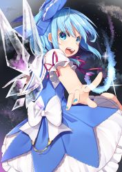 Rule 34 | 1girl, blue dress, blue eyes, blue hair, blue nails, bow, chain, cirno, cloud, commentary request, cryokinesis, dress, fingernails, foreshortening, from behind, gem, glint, gradient background, gunjou row, hair between eyes, hair bow, highres, ice, ice wings, index finger raised, layered skirt, light particles, looking at viewer, looking back, nail polish, open mouth, outstretched hand, pinafore dress, puffy short sleeves, puffy sleeves, red gemstone, shirt, short hair, short sleeves, skirt, sleeveless, sleeveless dress, solo, teeth, touhou, upper teeth only, white bow, white shirt, wings