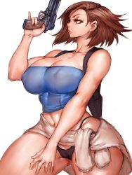 Rule 34 | 1girl, bare arms, bare shoulders, black panties, breasts, brown eyes, brown hair, cameltoe, cleavage, clothes around waist, collarbone, covered erect nipples, cowboy shot, fumio (rsqkr), g-string, gun, gun holster, highres, jill valentine, large breasts, lips, matching hair/eyes, navel, panties, parted lips, resident evil, resident evil 3, resident evil 3: nemesis, short hair, simple background, solo, strapless, sweater, sweater around waist, thick thighs, thighs, thong, tube top, underwear, weapon, white background, wide hips