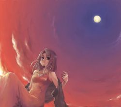 Rule 34 | 1girl, dress, dutch angle, expressionless, full moon, looking at viewer, moon, original, red dress, shawl, short hair, sitting, sky, solo, sunset, travo