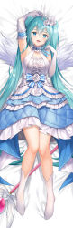 Rule 34 | 1girl, arm up, bad id, bad pixiv id, blue bow, blue eyes, blue hair, bow, breasts, dakimakura (medium), dress, dress bow, elbow gloves, flower, frilled dress, frills, gloves, hatsune miku, headpiece, highres, long hair, lunacle, small breasts, solo, very long hair, vocaloid, wand, white legwear, white wings, wings