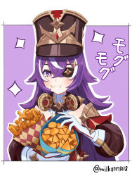 Rule 34 | 1girl, :t, absurdres, bare shoulders, black hat, blush, chevreuse (genshin impact), commentary request, detached sleeves, earmuffs, earmuffs around neck, food, food on face, french fries, genshin impact, gloves, hair between eyes, hat, highres, holding, holding food, long hair, looking at viewer, milk (milk07171218), multicolored hair, onion rings, outline, partial commentary, puffy sleeves, purple background, purple eyes, purple hair, shako cap, solo, streaked hair, translation request, upper body, very long hair, white gloves, white hair, white outline