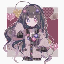 Rule 34 | 1girl, :3, ahoge, black hair, black ribbon, blush stickers, breasts, bright pupils, buttons, cable knit, cardigan, cleavage, closed mouth, cross-shaped pupils, flower, hair flower, hair intakes, hair ornament, heterochromia, highres, large breasts, long hair, looking at viewer, no nose, original, pink cardigan, pink eyes, pink flower, purple eyes, purple flower, ribbon, sleeves past fingers, sleeves past wrists, solo, symbol-shaped pupils, upper body, usagi nui, wavy hair, white pupils