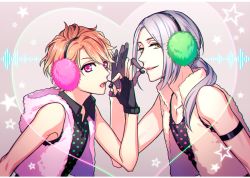 Rule 34 | 2boys, a3!, blonde hair, chigasaki itaru, collarbone, cropped vest, earmuffs, fingerless gloves, gloves, grey background, happy synthesizer (vocaloid), headset, heart, highres, hood, long hair, looking at viewer, male focus, multiple boys, open mouth, parted lips, pink eyes, smile, star (symbol), upper body, vest, vocaloid, yabapi, yellow eyes, yukishiro azuma