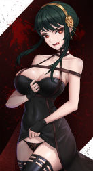 Rule 34 | 1girl, absurdres, artist request, black dress, black hair, black panties, blood, blood on face, breasts, cleavage, clothes lift, dress, dress lift, highres, lifting own clothes, long hair, looking at viewer, panties, red eyes, solo, spy x family, tongue, tongue out, underwear, yor briar