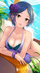 Rule 34 | 1girl, arm support, ashita (2010), bangle, bikini, blue hair, bracelet, breasts, cleavage, dutch angle, earrings, flower, hair flower, hair ornament, halterneck, halterneck, hayami kanade, idolmaster, idolmaster cinderella girls, jewelry, light particles, looking at viewer, lying, medium breasts, on side, open mouth, short hair, solo, swimsuit, yellow eyes