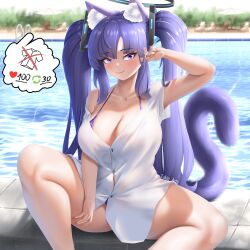 Rule 34 | 1girl, absurdres, animal ear fluff, animal ears, arm up, bikini, blue archive, breasts, cat ears, cat girl, cat tail, cleavage, hair ornament, halo, highres, kemonomimi mode, large breasts, long hair, pool, purple eyes, purple hair, see-through, see-through shirt, shirt, simple background, smile, spread legs, strip game, swimsuit, tail, takie arts, thick thighs, thighs, twintails, very long hair, wet, white shirt, yuuka (blue archive)