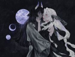 Rule 34 | 1girl, black background, black hair, blue eyes, braid, dark skin, eye contact, full moon, highres, horns, imminent kiss, long hair, looking at another, moon, nail polish, open mouth, orange eyes, original, outdoors, shirone (coxo ii), standing, white hair, white nails